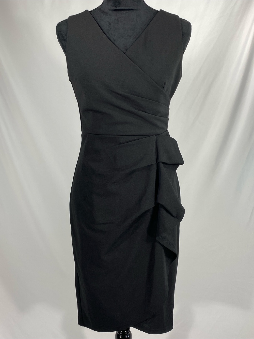 OTEN Classic Black Sleeveless Midi Dress with Side Cascade Medium Wedding Guest